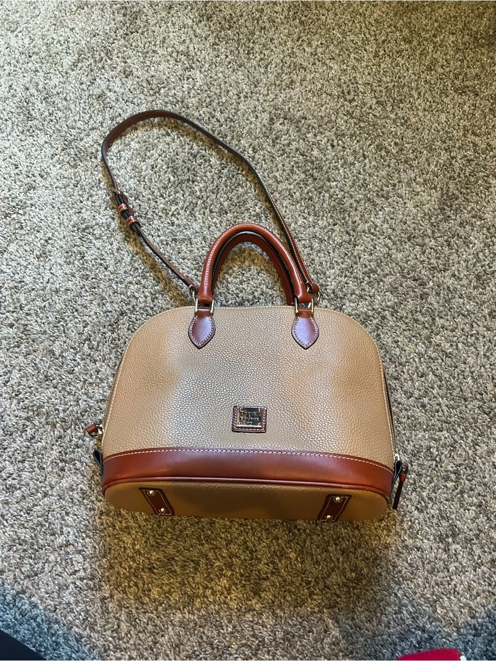 Dooney & Bourke Pebble Leather Satchel - Beige Body with Brown Trim